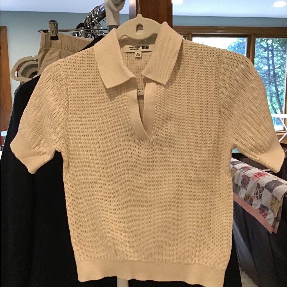 UNIQLO Cream Short-Sleeve Knit Polo Sweater